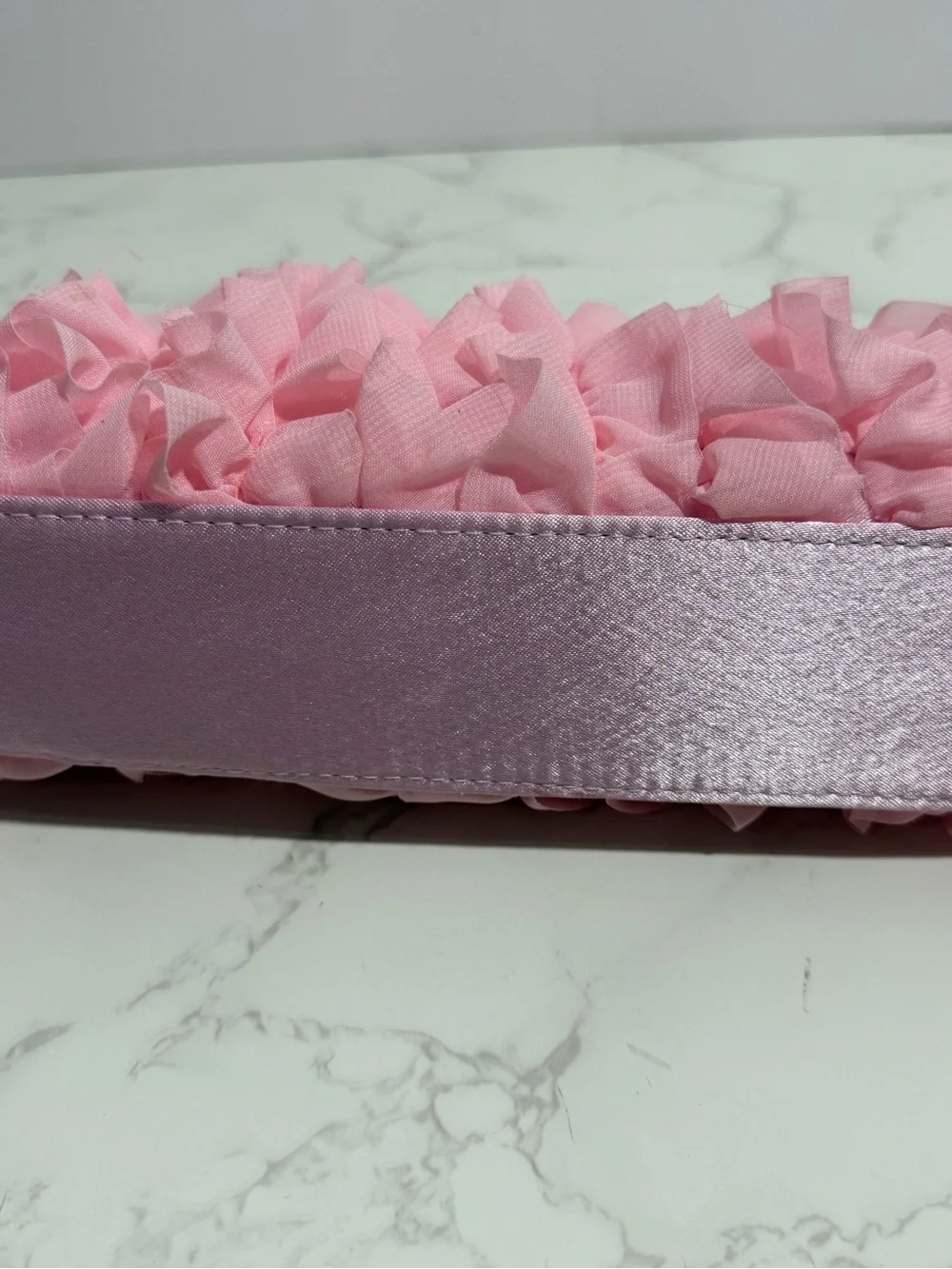 Pink Ruffle Evening Clutch/Crossbody Crystal Embellished Kiss-Lock Handbag